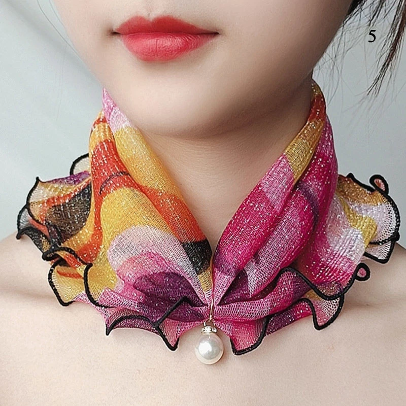 

Fake Pearl Pendant Organza Neck Collar Chiffon Scarves Ruffle Lace Scarf Print Shiny Scarf Multi-functional Elastic Neck Wrap