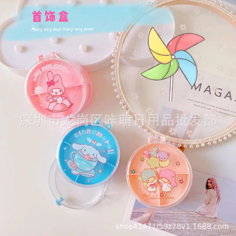 

Sanrio Melody Cinnamoroll Cartoon Earrings Rings Jewelry Box Gemini Round Double Layer Small Object Storage Box 8.9cm*4.9cm
