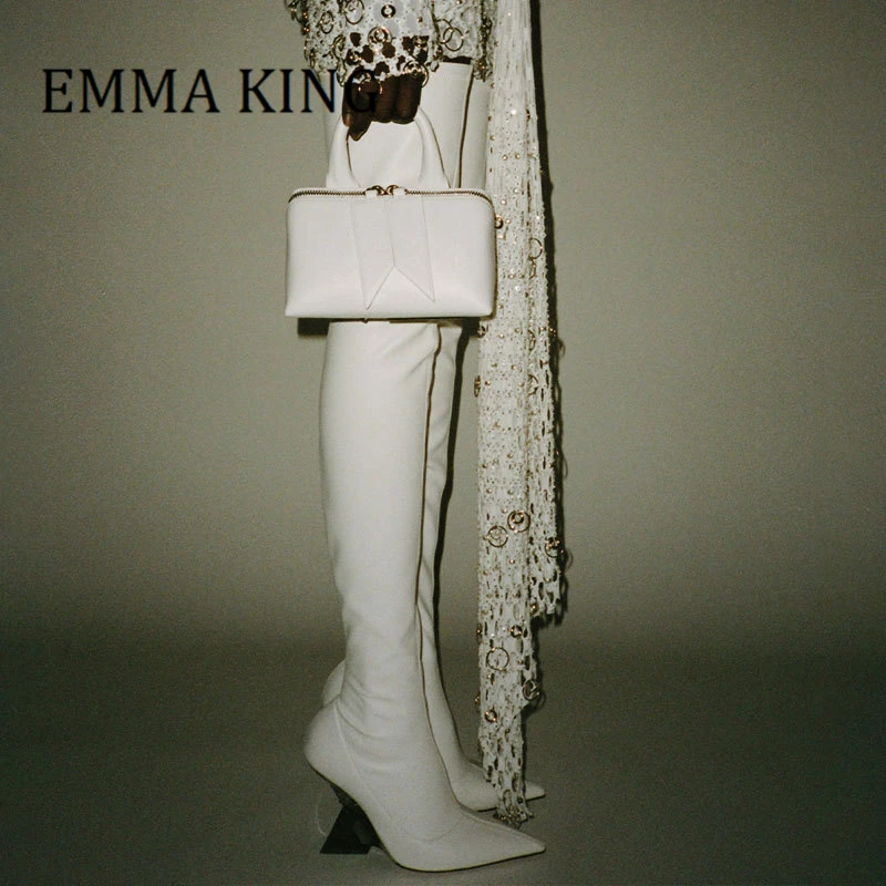 

Женские облегающие сапоги до бедра из эластичной кожи, женские скульптурные сапоги на танкетке, до колена, привлекательная модельная обувь с острым носком, 43, 2023