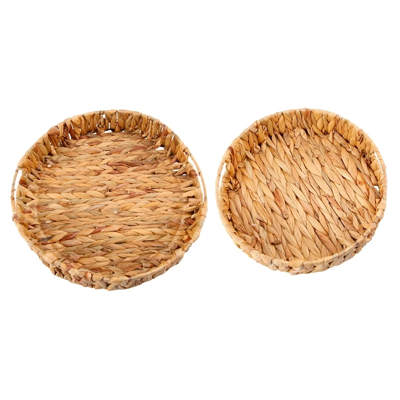 

2Pcs Round Braided Tray Made Of Seagrass Water Hyacinth Set 33Cm + 28Cm Diameter Fruit Bowl