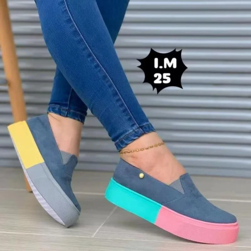 

2023 Thick-soled Shoes Women's New Large Size Women's Shoes Round Toe Color Matching Slip-on Slip-on Shoes Shoes for Women