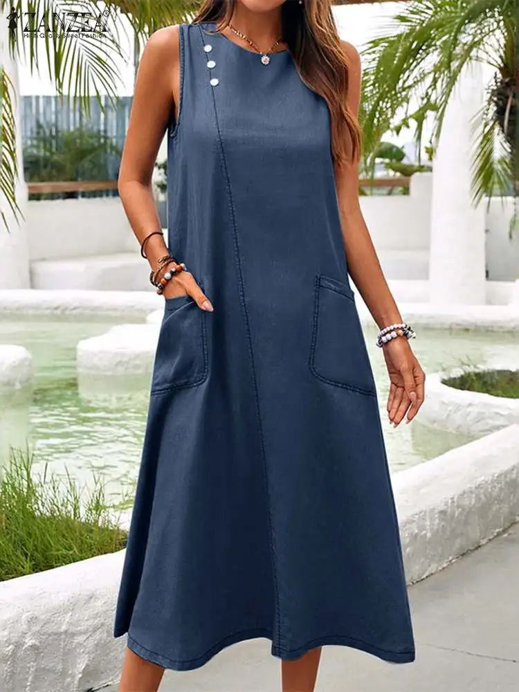 

Женский джинсовый сарафан без рукавов, Элегантное синее платье до середины икры из денима для вечевечерние, модель 2022 года