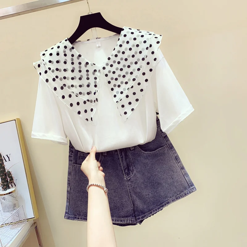 Женская футболка в горошек с круглым вырезом и коротким рукавом | одежда