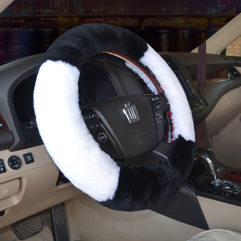 Winter WoolS heep Skin Car Steering Wheel Cover Women Plush Braid on Steering-Wheel Cover Auto Parts Warm Soft Coat Protector