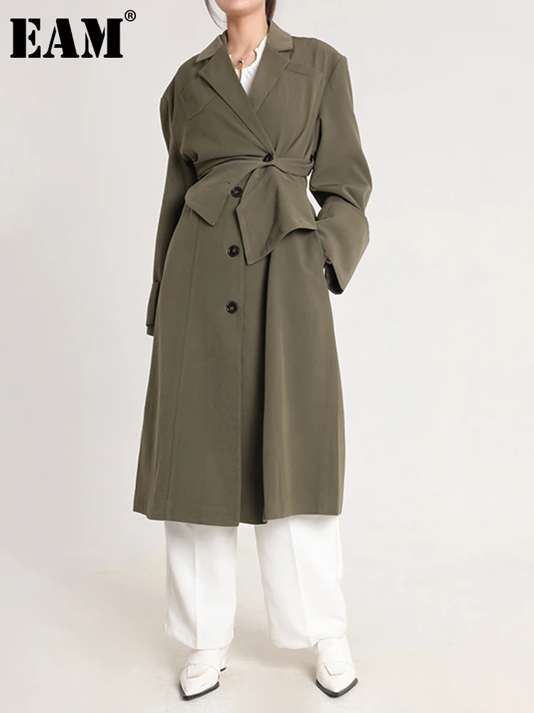 

[EAM] Women Green Big Size Irregular Trench New Lapel Long Sleeve Loose Fit Windbreaker Fashion Tide Spring Autumn 2022 1DE27950