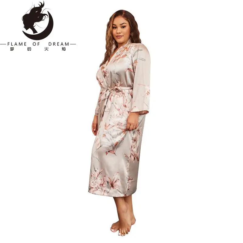 Flame of dream Plus Size Robe Women's Spring And Summer Thin Fashion Printed Nightwear Long Casual Cardigan Home Clothes 221462