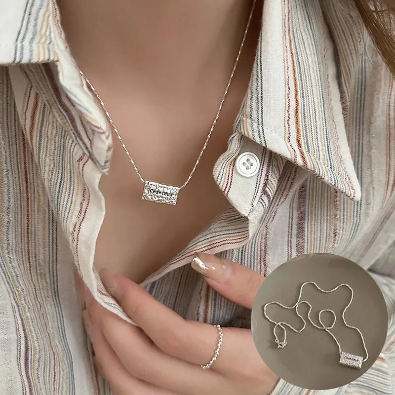 

PANJBJ 925 Sterling Silver Letter Block Necklace for Women Girl Irregular Fashion Concise Jewelry Birthday Gift Dropshipping