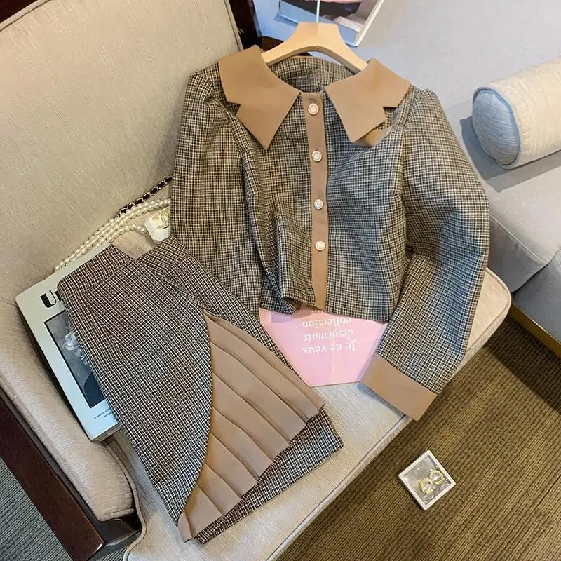 

Fall New 2022 lapel Contrast Plaid Jacket Short Cardigan Vintage Work Preppy Style Patchwork Mini Pleated Skirts Sets