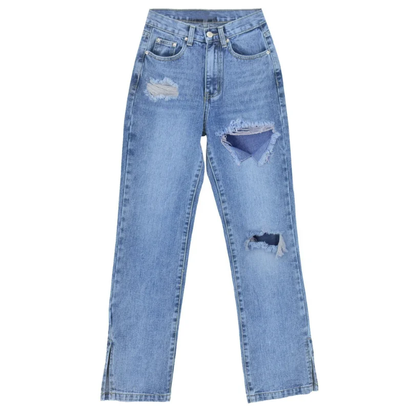 Street hipsters with holes and splits plus size women's jeans, flared pants and ripped jeans slouchy jeans