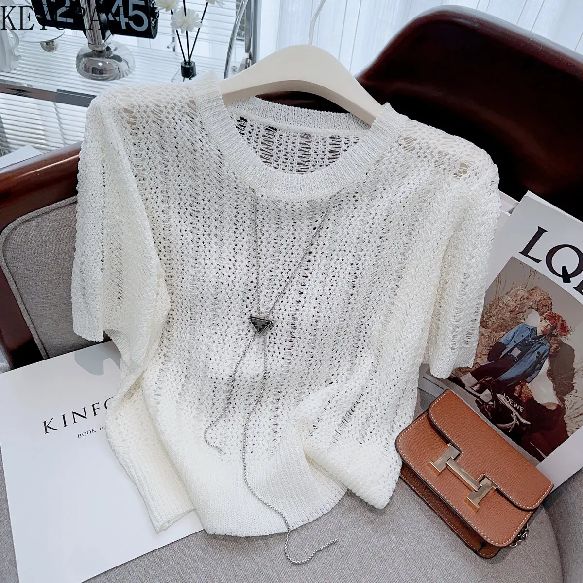 

French Hollow Out Knitted Sweater Women's Pullovers 2023 Summer New Ice Silk Short Sleeve Loose Striped Knitwear Tops Jumpers