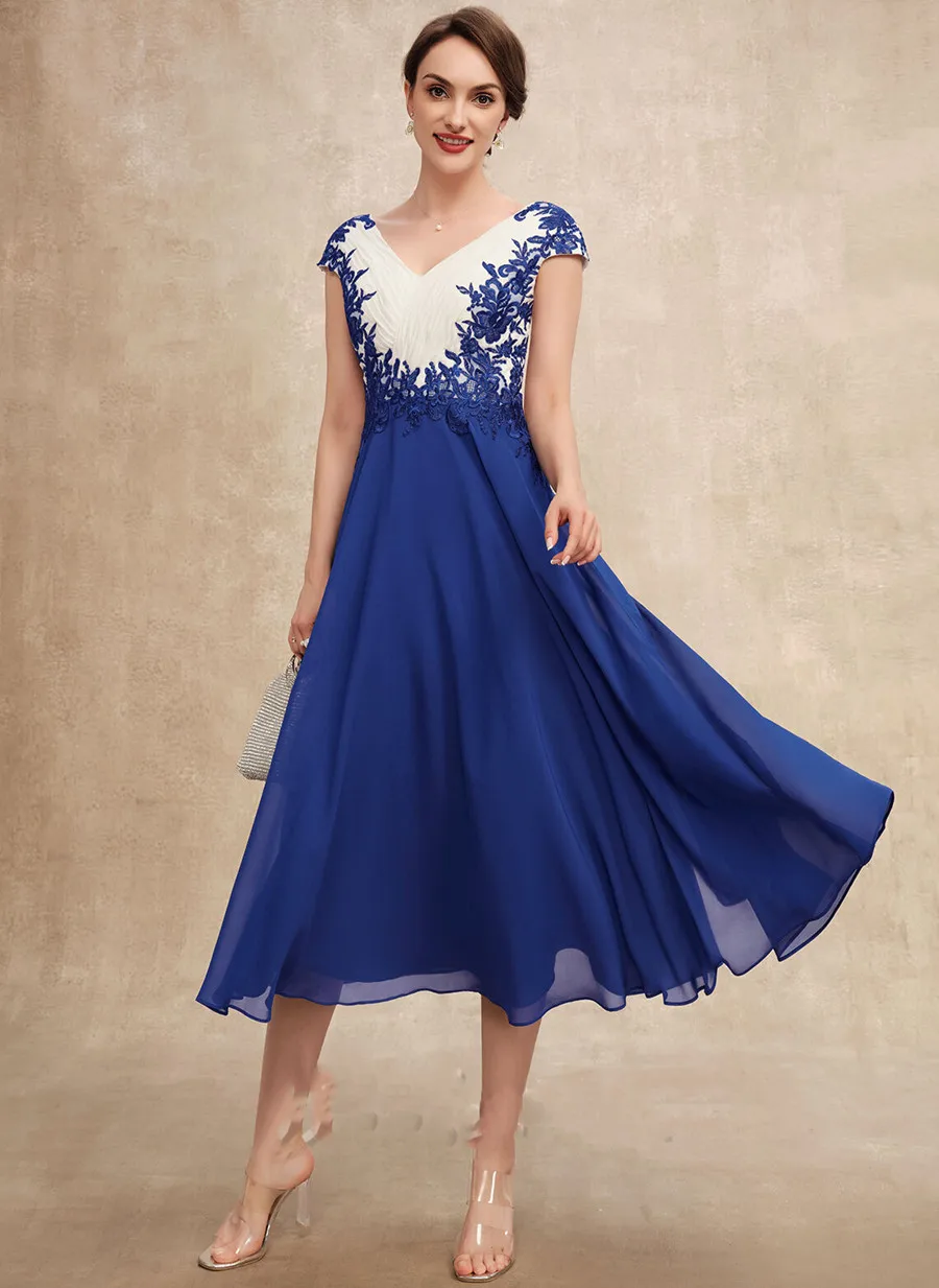 

Blue Arabian V-neck Chiffon Applique Mother of the Bride Dress Ankle Ruffle Lace Bride Guest For Wedding Party vestidos de gala