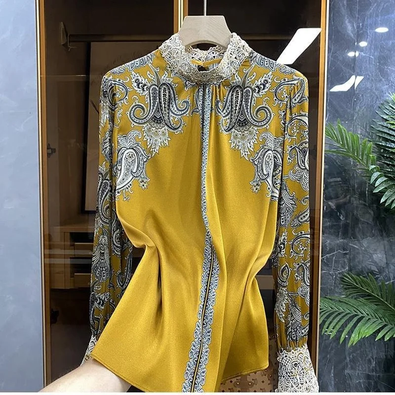 

Женская рубашка из искусственного шелка, элегантная ажурная рубашка с вышивкой, весна 2022