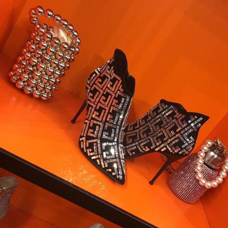 

With Stiletto Female Niche Design In 2022 Fashion New Rhinestone High Heels In Winter Boutique Female Pointed Velvet Ankle Boots