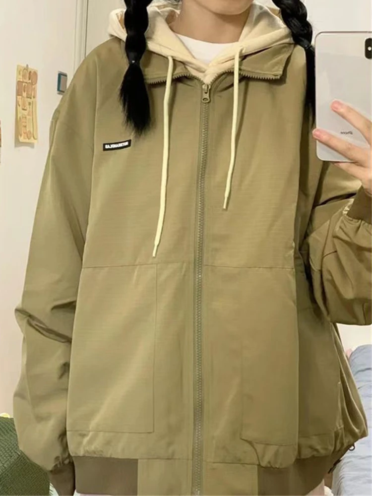 

Harajuku Vintage Windbreaker Jacket Women Oversized Loose Patchwork Zipper Jackets Female American Retro Streetwear Outerwear