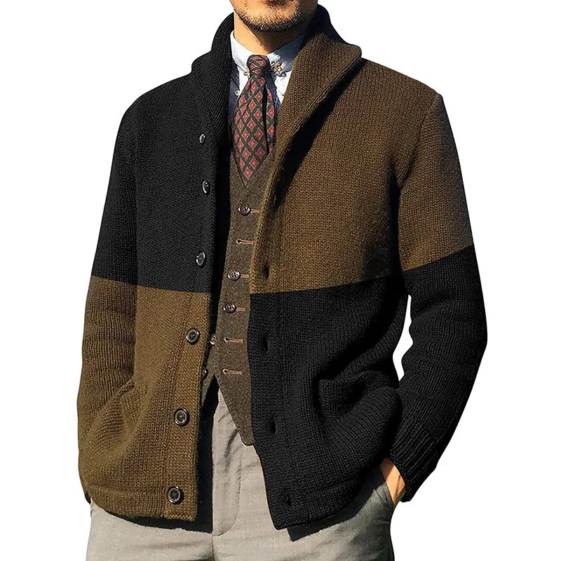 Sweater Cardigan Color Matching Button Long Sleeve Knitted Coat European And American Foreign Trade Male Sueter HC004