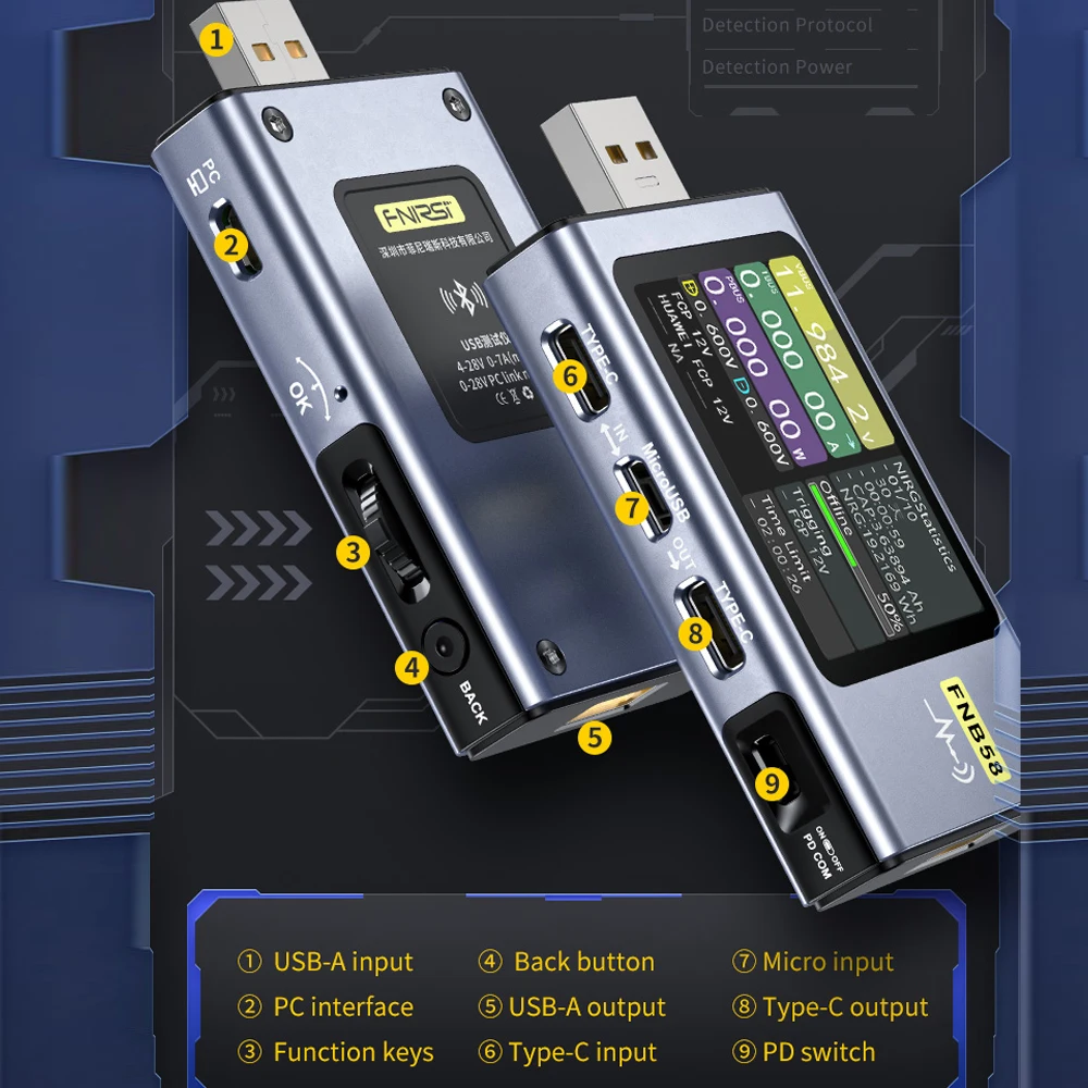 

USB-тестер FNIRSI FNB58, цифровой вольтметр, амперметр, быстрое обнаружение заряда, триггер, измерение емкости, измерение пульсации