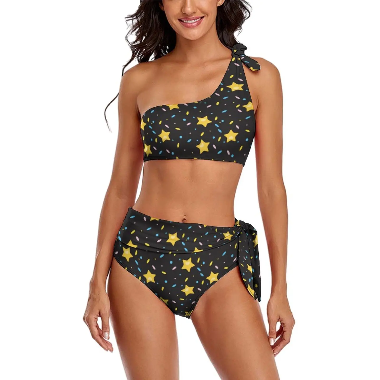 

Gold Stars Print Bikini Swimsuit Cute Star One Shoulder Swimwear Sexy Design Bikini Set Women Push Up Bathing Suit Biquinis Gift