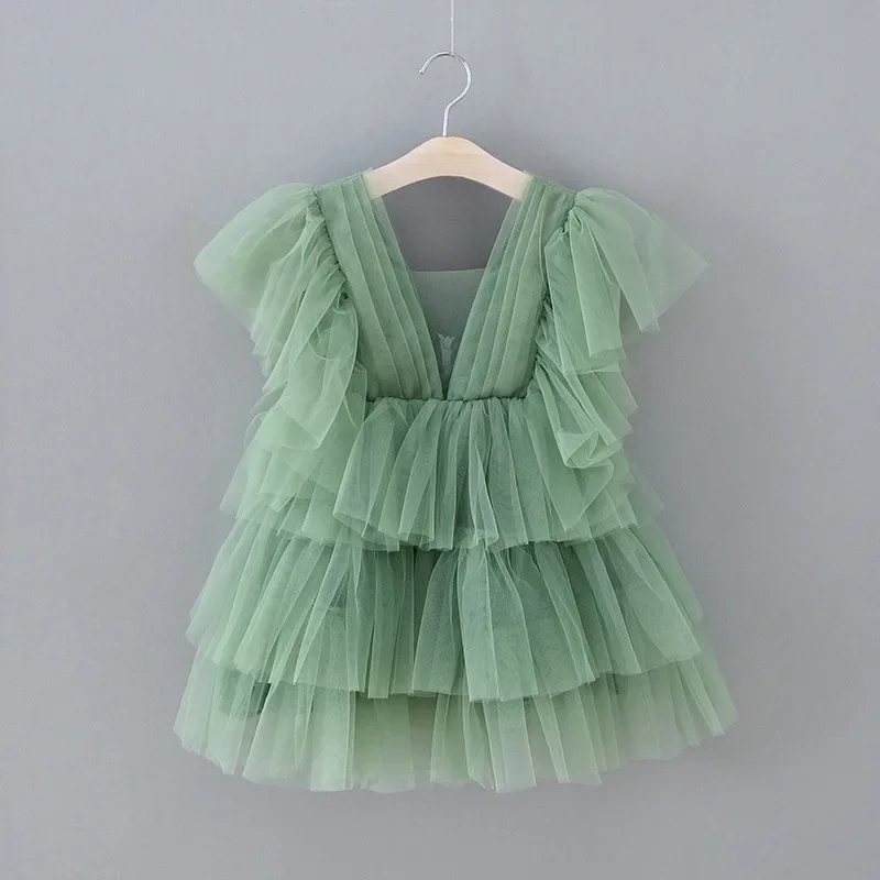 

Baby Girls Birthday Dress Ruffles Sleeve Tutu Princess Party Gown Sage Green V-neck Fluffy Costume Dress for Wedding Kids