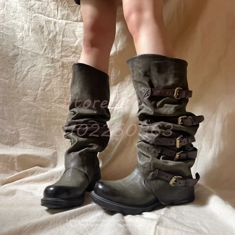 Ботинки до середины икры с пряжкой в стиле ретро коричневые плиссированные брюки
