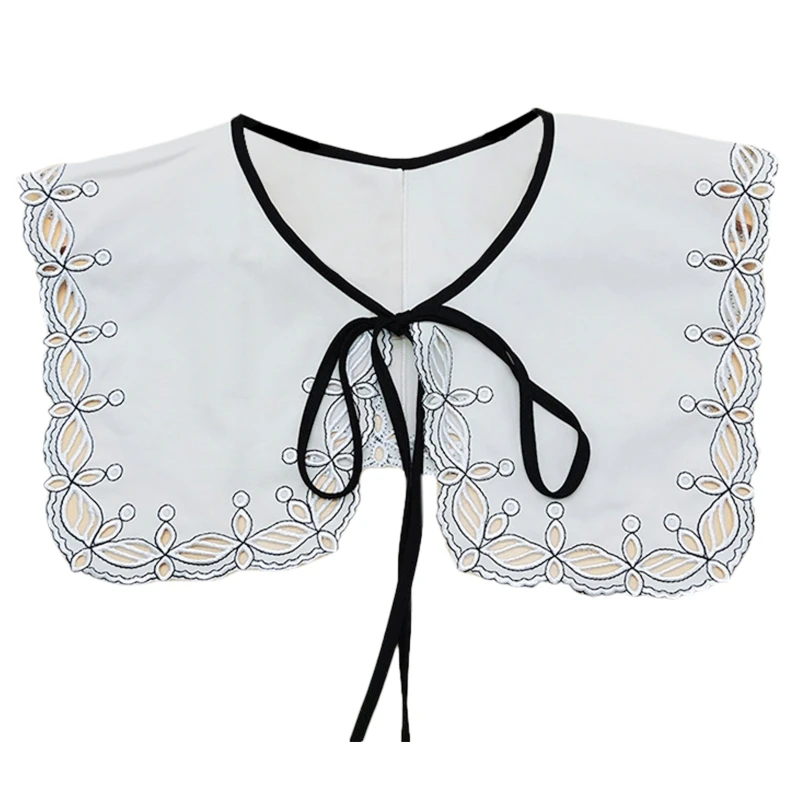 

Women Navy Style Square Big Shawl Fake Collar Hollow Out Embroidery Floral Trim Necklace Scarf Contrast Color Capelet