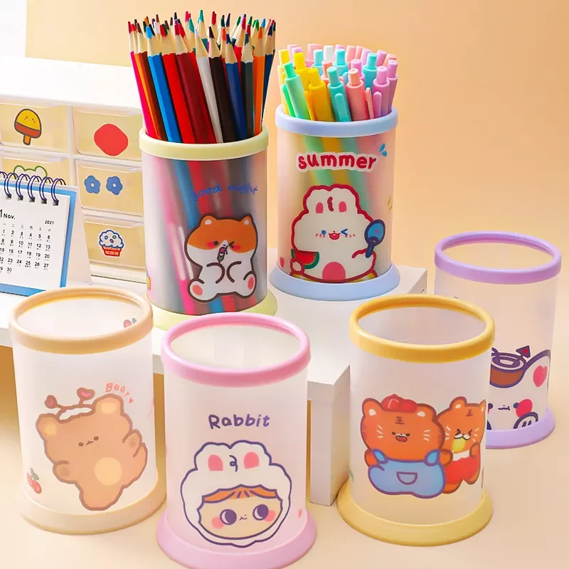 

DIY Frosted PP Pen Holder Cute Cartoon Style Pen Container Stationery Organizer Gift for Kids Students School Office Supplies