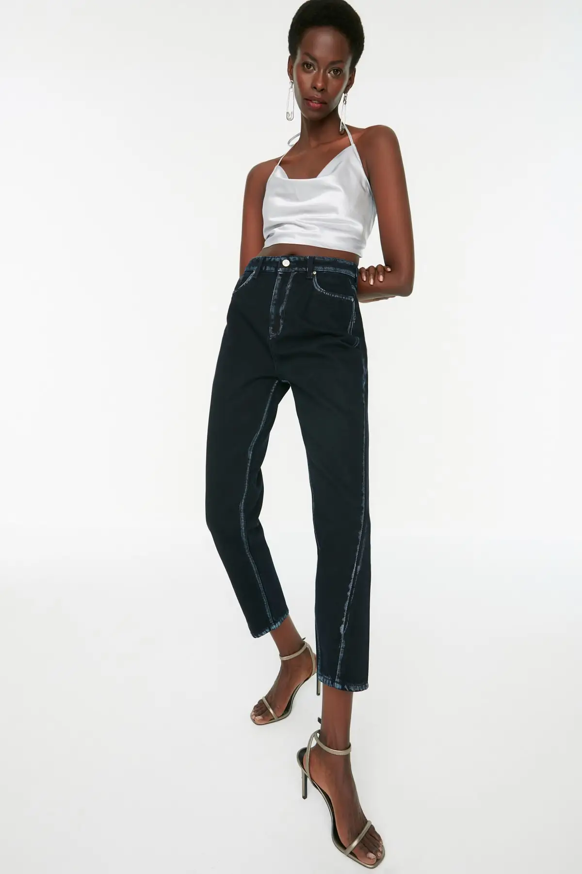 

Women's Jean Navy Blue Wash Detailed High Waist Full Length Straight Pant Streetwear Female Buttons Zipper Ladies