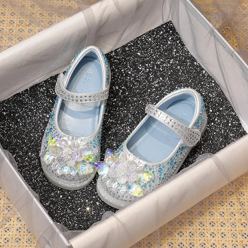 

Kids Princess Shoes 2022 Autumn Children Shiny Rhinestone Crystal Little Girls Soft Sole Party Wedding Leather Shoes Mary Jane