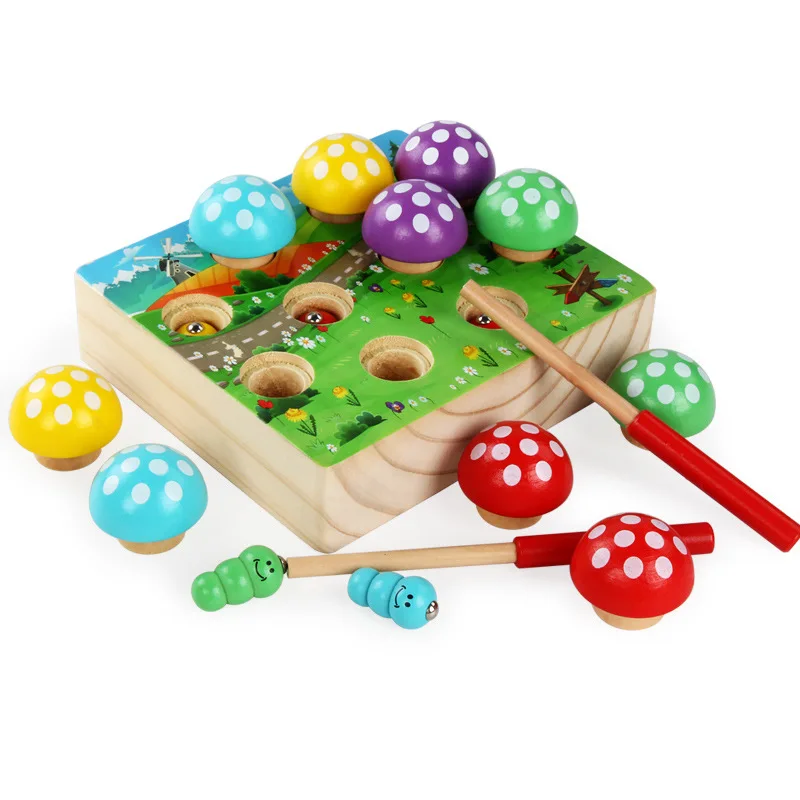

NEW Wooden Toy Forest Mushroom Multi-purpose Insect-catching Magnetic Fishing Early Childhood Educational Toy Gift for Children