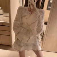 2021 fall new all match mid length apricot sweater korean fashion hollow striped knitwear female winter long sleeve sweater