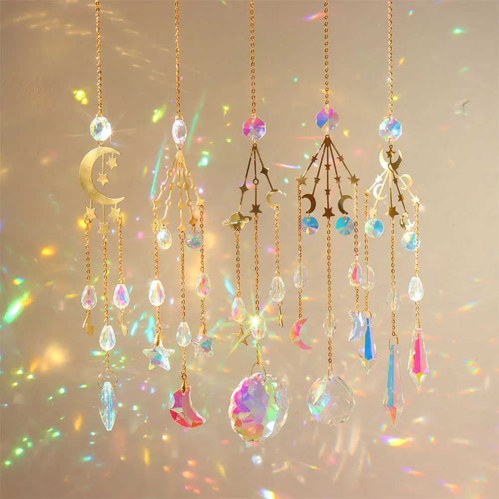 

5pcs Crystal Wind Chime Moon Star Natural Stones Prisms Light Catcher Windchimes Car Pendant Window Hanging Drop Ornaments Decor