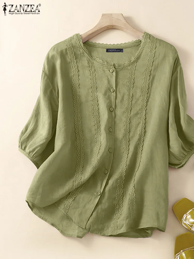 

Vintage Women O Neck 3/4 Sleeve Shirt 2023 ZANZEA Summer Elegant Lace Crochet Blouse Buttons Down Blusas Solid Loose Tops Tunic