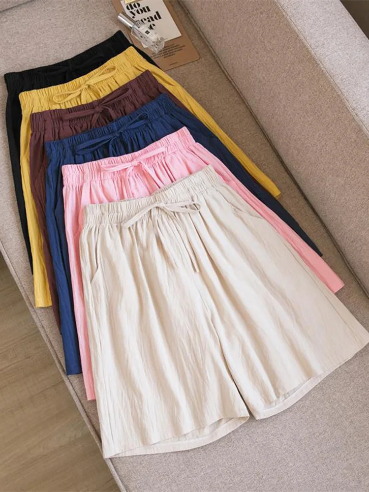 2023 Summer Women's High Waist Shorts Casual Cotton Linen Shorts Breathable Middle Pants Casual Multicolors Wide Leg Pants