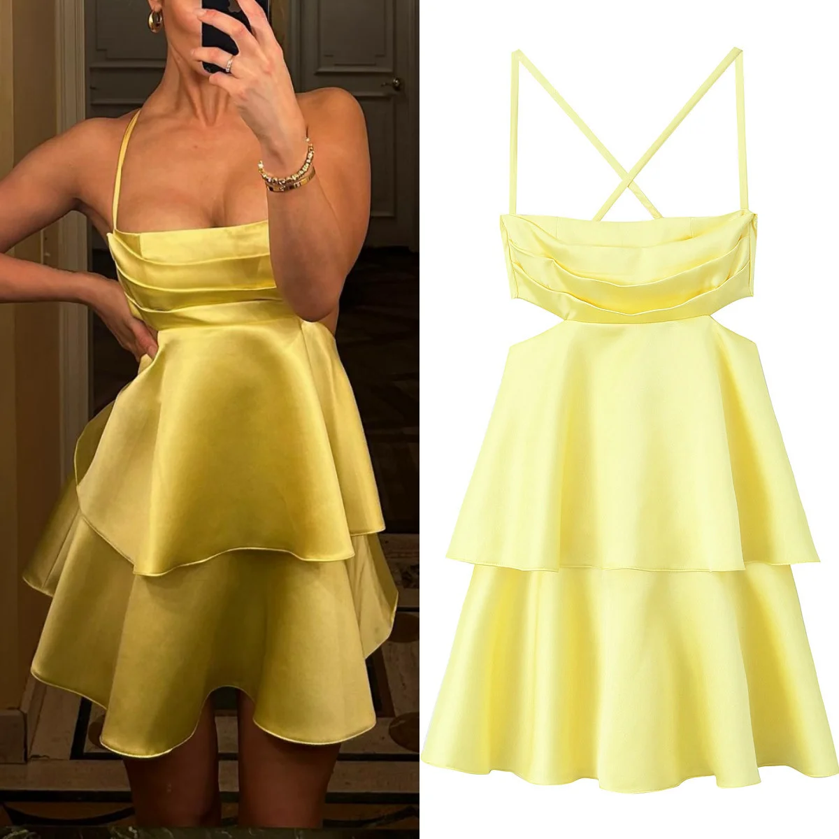 Сексуальное атласное мини-платье TRAF с открытой спиной многослойное женское