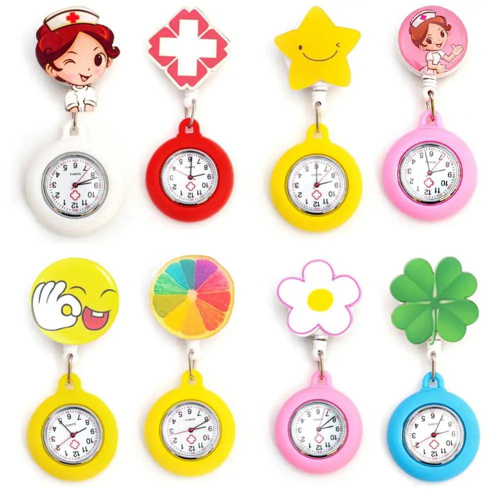 50Pcs/Lot Retractable Silicone Pocket Watches Lovely Cartoon Smile Love Heart Nurse Doctor Hospital Medical Hanging Watch