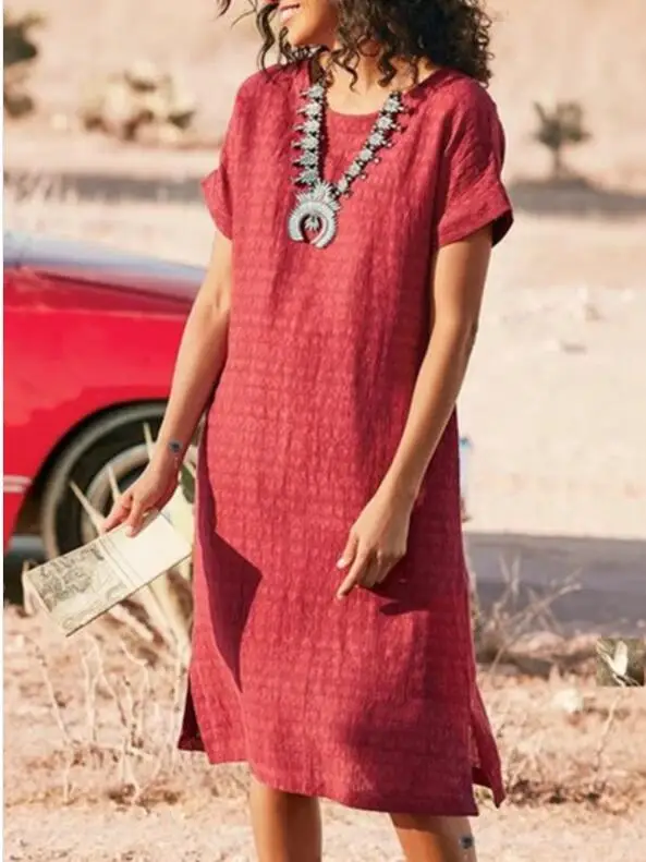 

New Women's Casual Short Sleeve Round Neck Side Stitch Split Dress