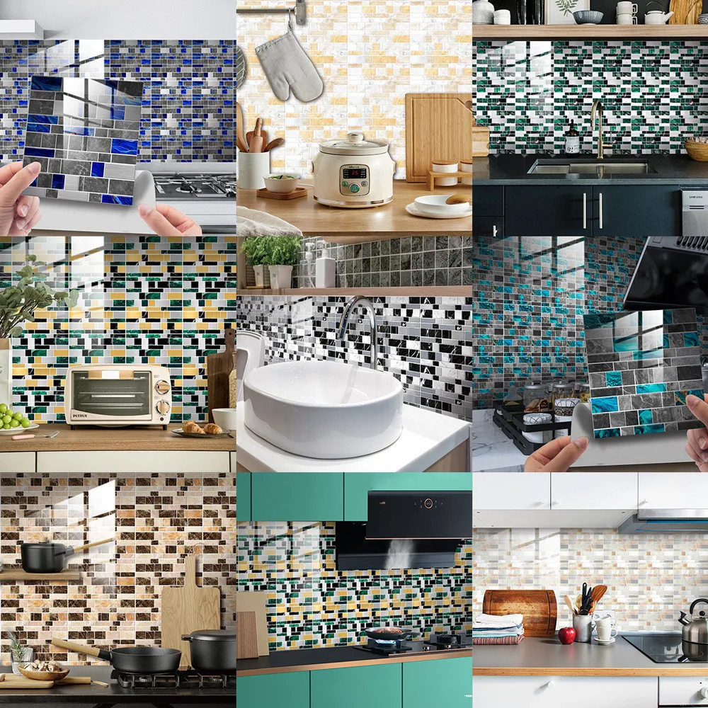 

10 шт., ПВХ Плоские керамические наклейки на стену, имитация мозаичной плитки, наклейки для кухни, ванной, обои, водонепроницаемые украшения д...