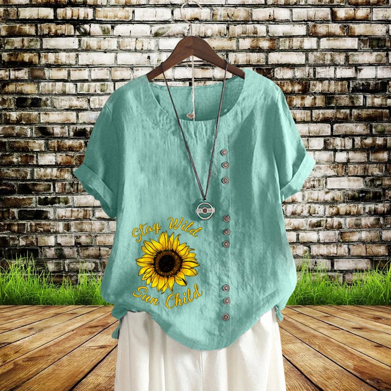 

Женская футболка с коротким рукавом, круглым вырезом и принтом подсолнуха