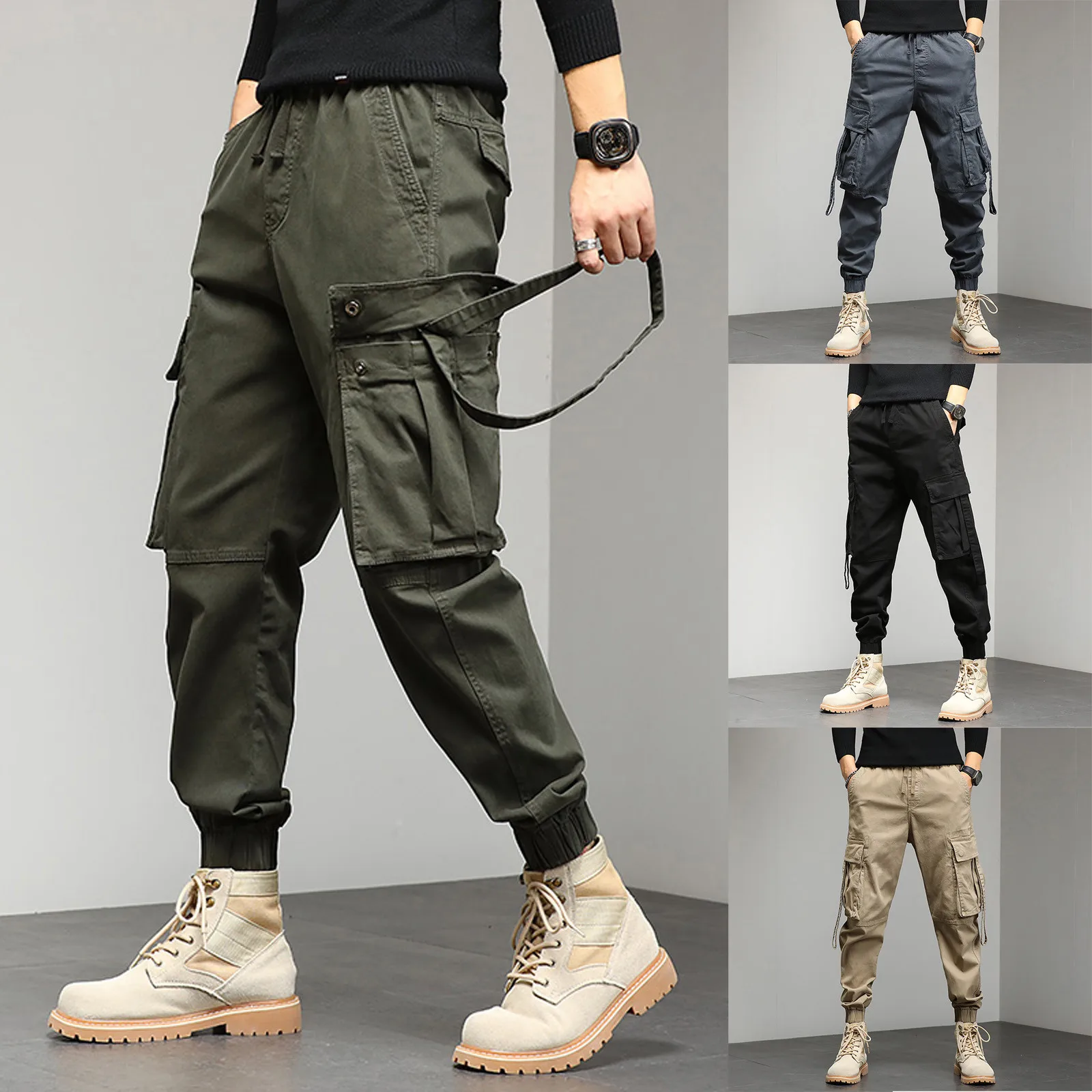 

Mens Loose Cotton Pocket Solid Elastic Waist Pants Overall Pants