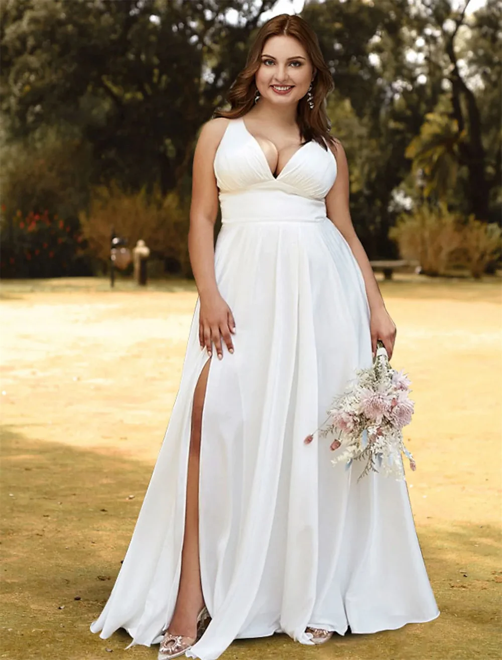 

A-Line Wedding Dresses V Neck Spaghetti Strap Floor Length Spandex Sleeveless Simple Sexy Plus Size Backless with Split Front