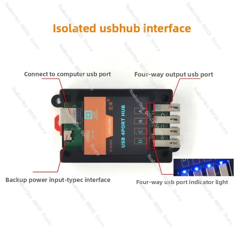 Фото Изолатор USB 2.0, четырехканальный концентратор, защита от высокого напряжения, высокоскоростной модуль 480 Мбит/с, поддерживает внешнее питание. №3