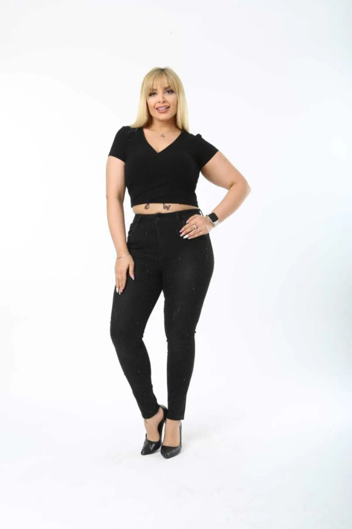 

Slim Fit Embroidered High Waist Large Size Black Women's Jeans