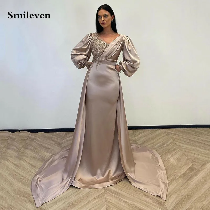 

Сатиновое вечернее платье Smileven с длинным рукавом-фонариком, платье для выпускного вечера с бусинами и V-образным вырезом