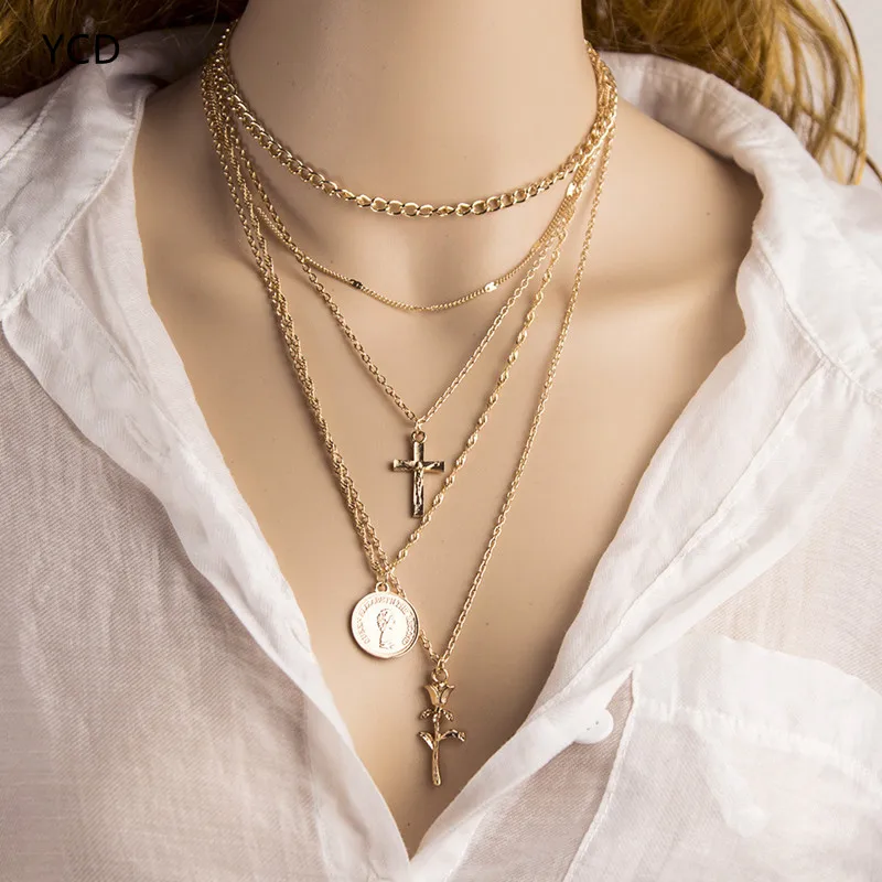 

YCD Vintage Multilayer Gold Color Cross Chain Necklace Crucifix Coin Rose Pendant Charm Necklace For Women Fashion Jewelry