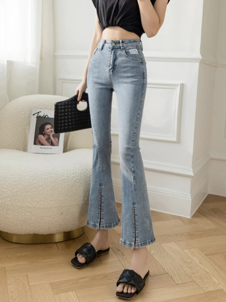 

Женские узкие джинсы с высокой талией, синие укороченные брюки с разрезом, весна-лето