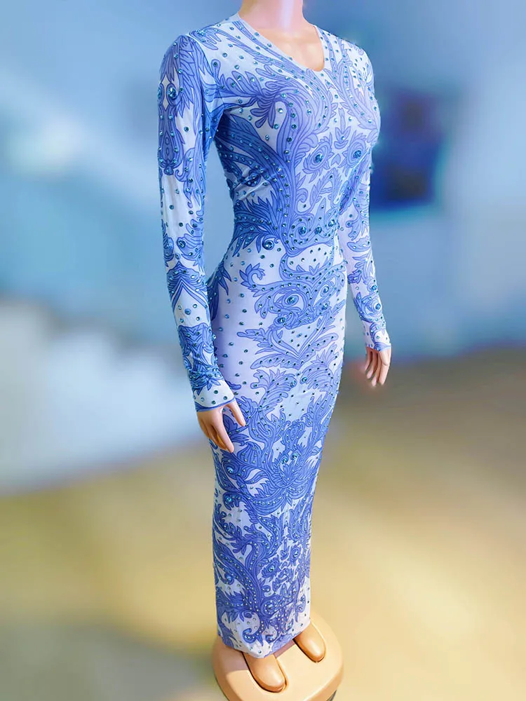 High Quality Rhinestone Elastic Printed Dress 2024 New Fashion Custom Women'S Clothing