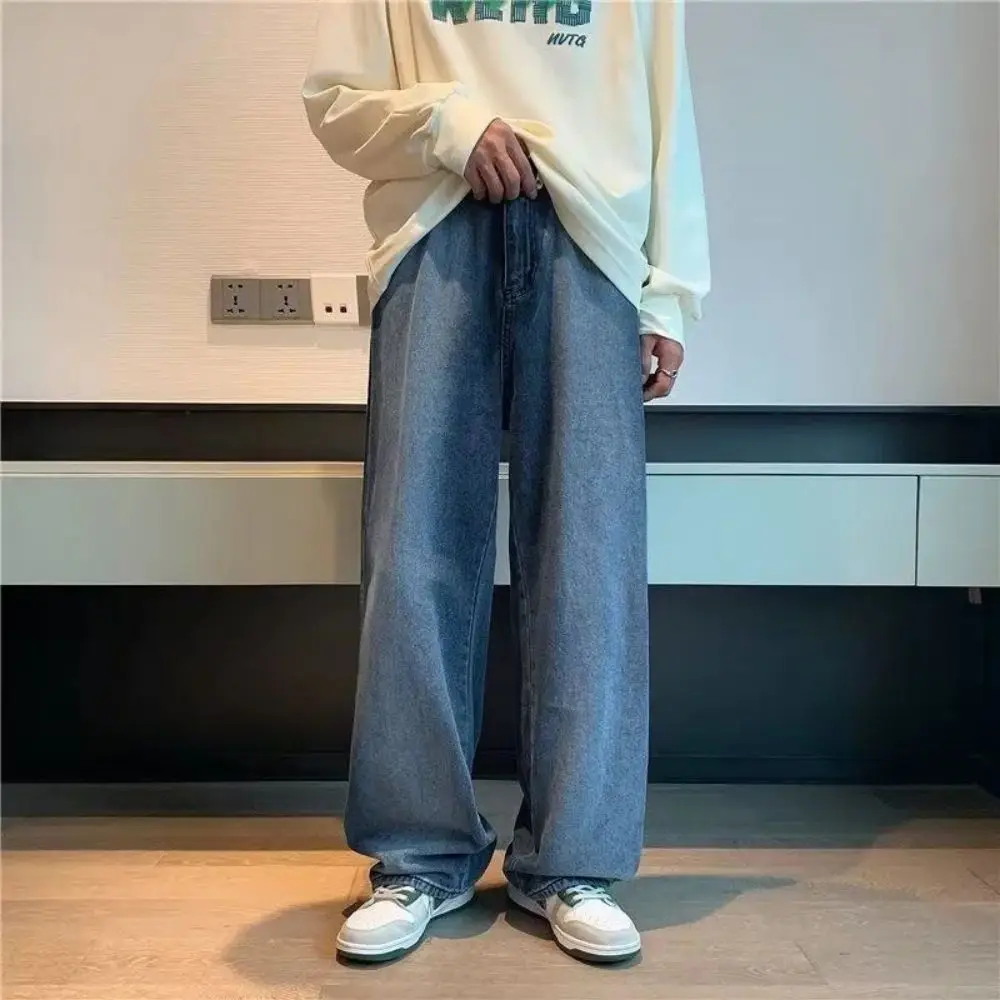 Baggy Men Jeans Solid High Street Teens Trousers Casual Denim Chic Harajuku Streetwear Hip Hop Wide Leg Pants Men Jeans