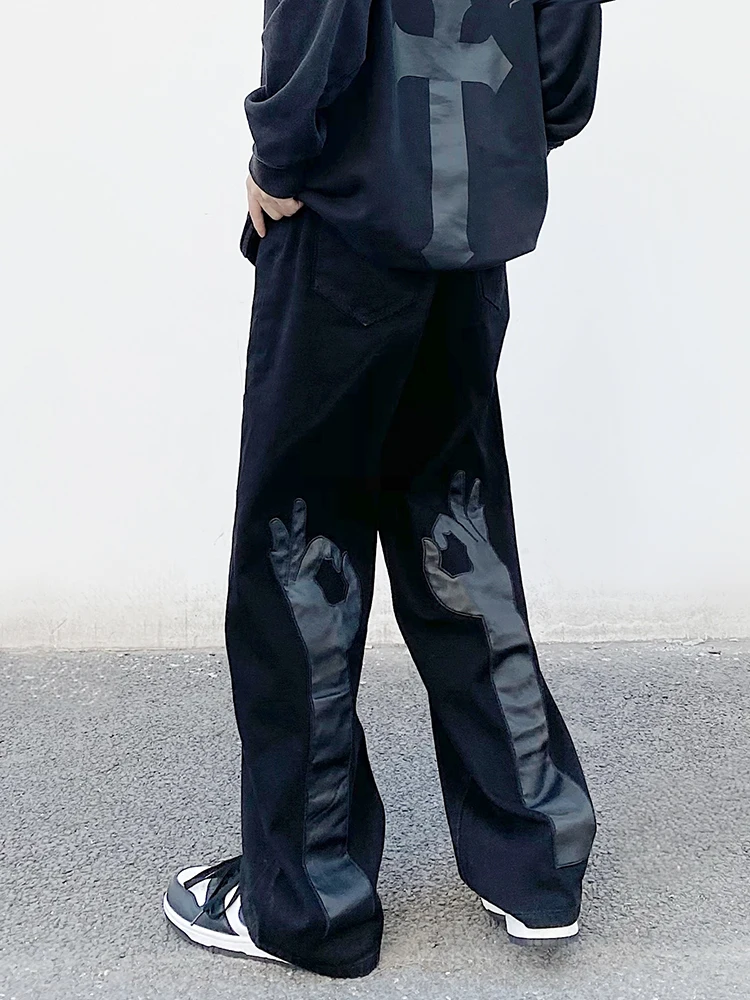 Men Loose Jeans Y2k Pants Ins Hot Sale European Print Letter Street Hiphop Patch Jeans Male Streetwear Vibe Loose Straight Jeans