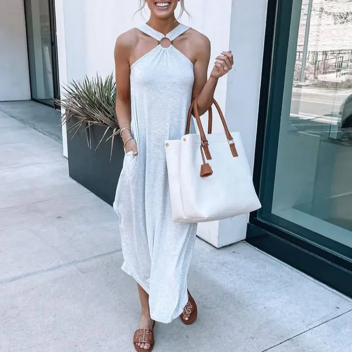 

2023 Summer Women's Long Dress Black Halter Pockets Sleeveless Loose Casual Dresses Female Spring Elegant Beach Clothe Ladies