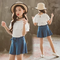 girls jeans suit casual summer childrens wear costume white topsjeans dresses 2 pcs denim yarn skirts for kids 3 12t years old