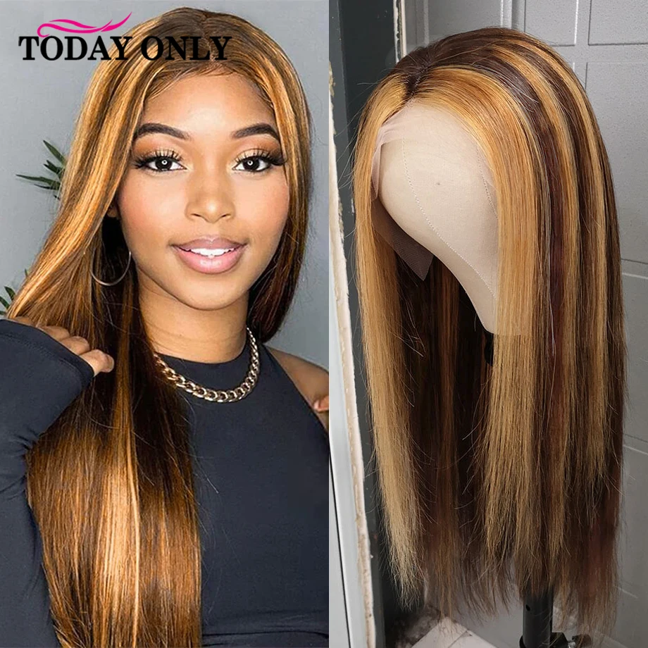 Honey Blonde Wig Human Hair Brazilian Bone Straight Highlight HD Transparent Lace Front Wigs Human Hair Pre Plucked TODAY ONLY